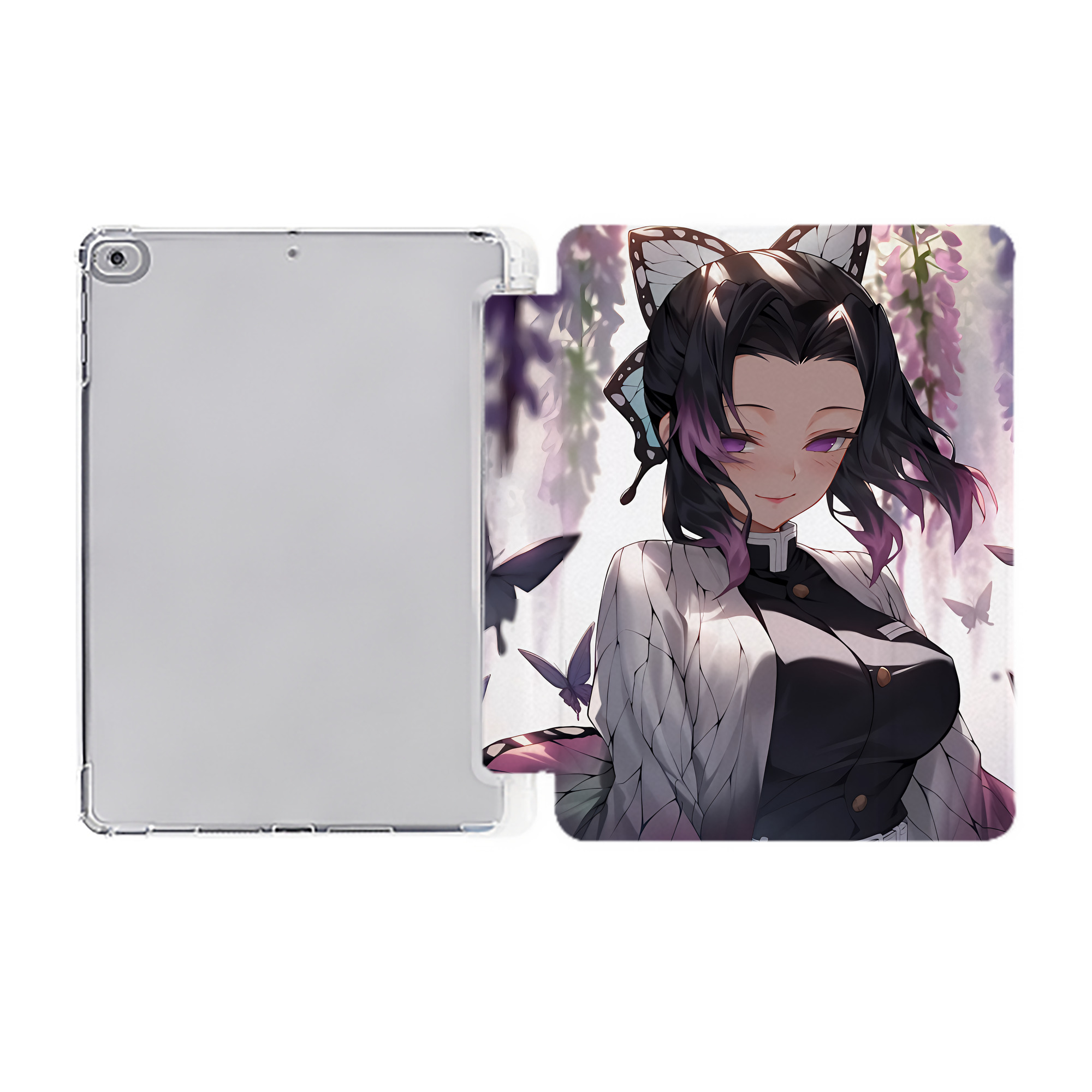 （画像用） 鬼滅の刃（きめつのやいば）蟲柱-胡蝶 しのぶ／こちょう しのぶ Kochou Shinobu IPad ケース ペン収納付き 三つ折りスタンド PUレザー×シリコン 対応機種9.5/10.5/10.9インチ